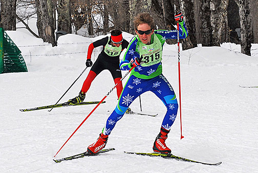 Ford Sayre skier Adam Glueck races at the 2014 USSA Cross Country Junior (J2) National Championships in Stowe, Vermont. 